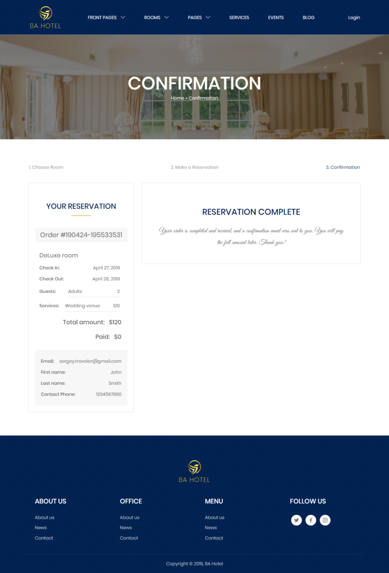 Bookings, Orders, Payments BA Hotel theme